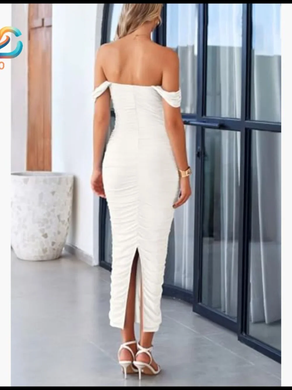 Off Shoulder Ruched Bodycon Maxi Dress Strapless Backless Split Hem - Picture 2 of 7